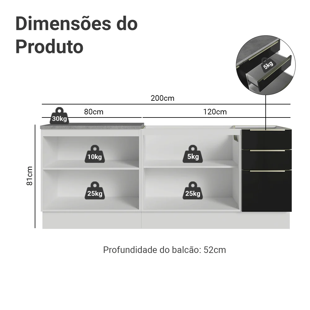 Armário de Cozinha Compacta 200 cm Branco/Preto Lux Madesa 05 - Image 3