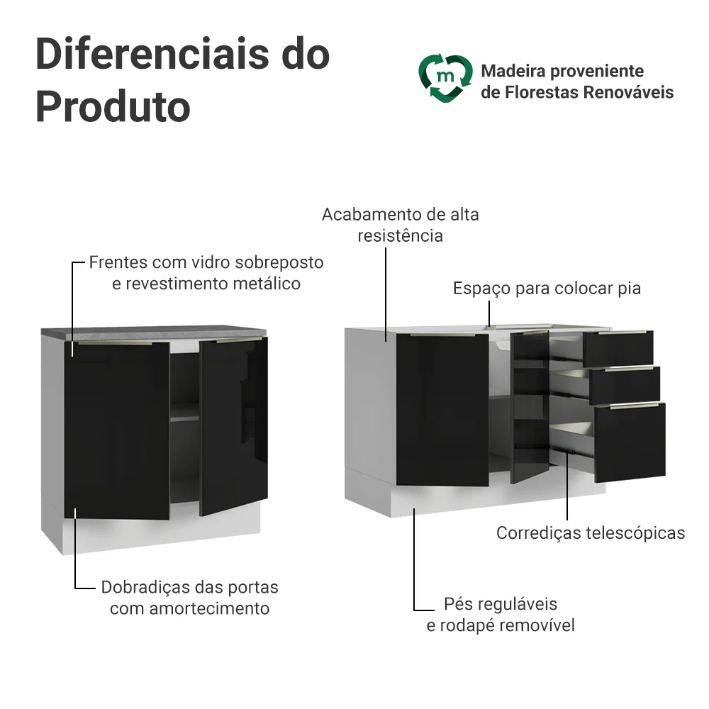 Armário de Cozinha Compacta 200 cm Branco/Preto Lux Madesa 05 - Image 4