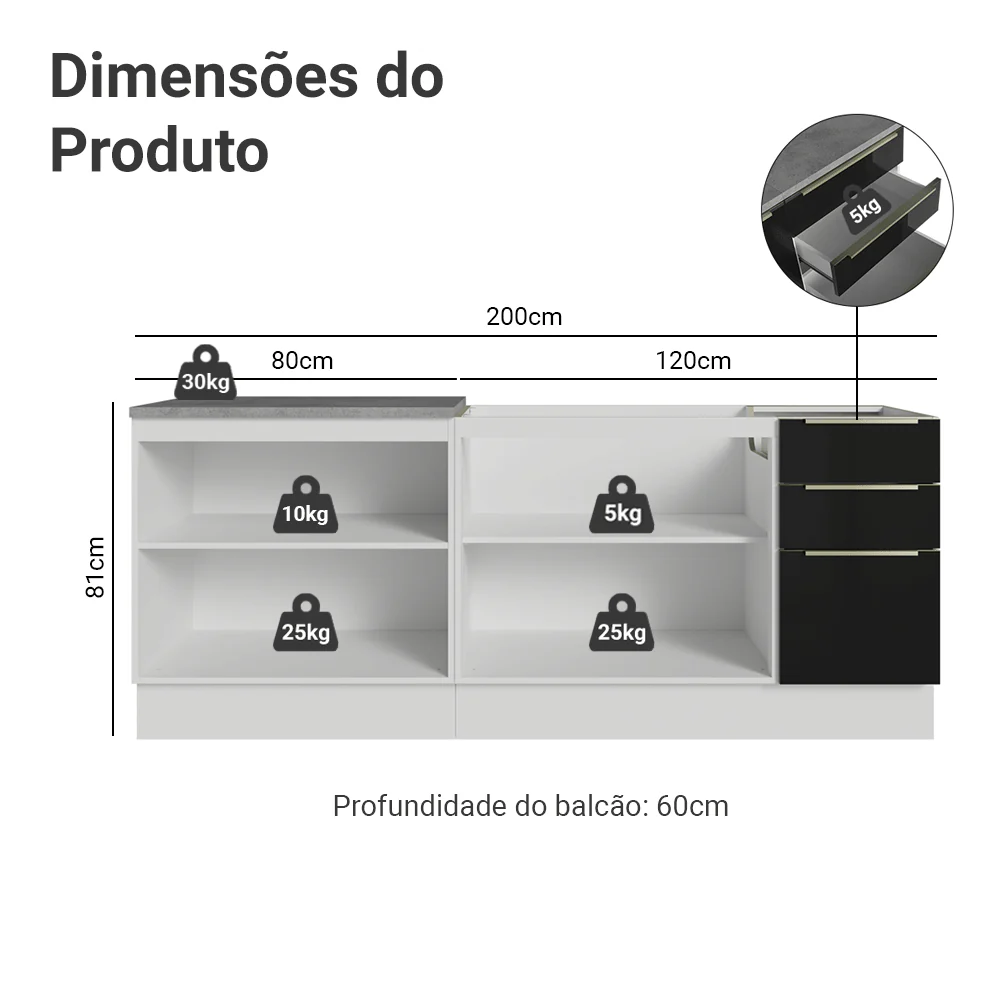 Armário de Cozinha Compacta 200 x 60 cm Branco/Preto Lux Madesa 06 - Image 3