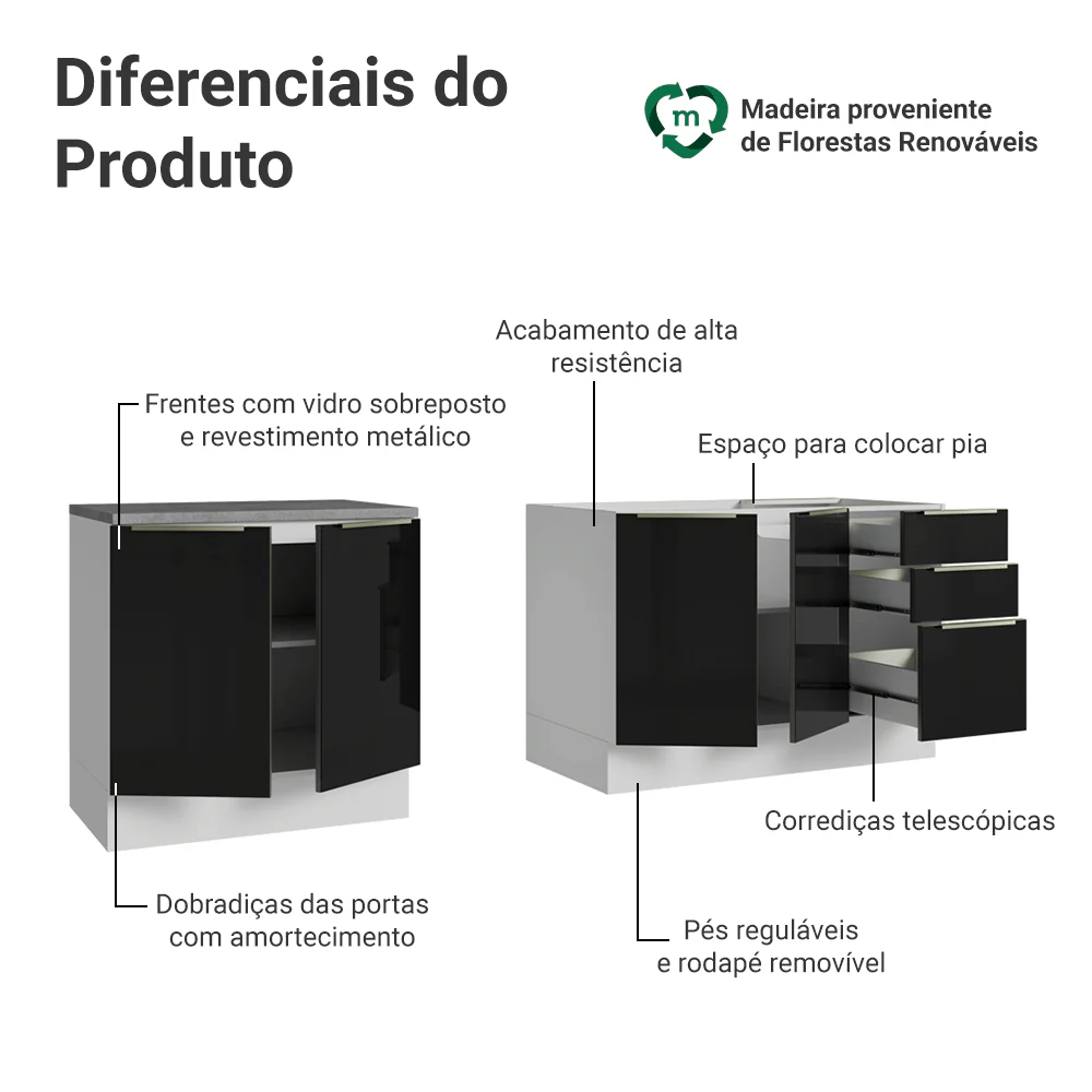 Armário de Cozinha Compacta 200 x 60 cm Branco/Preto Lux Madesa 06 - Image 4