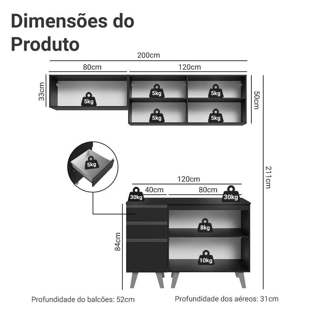 Armário de Cozinha Compacta 200 cm Preto Nice Madesa 06 - Image 3