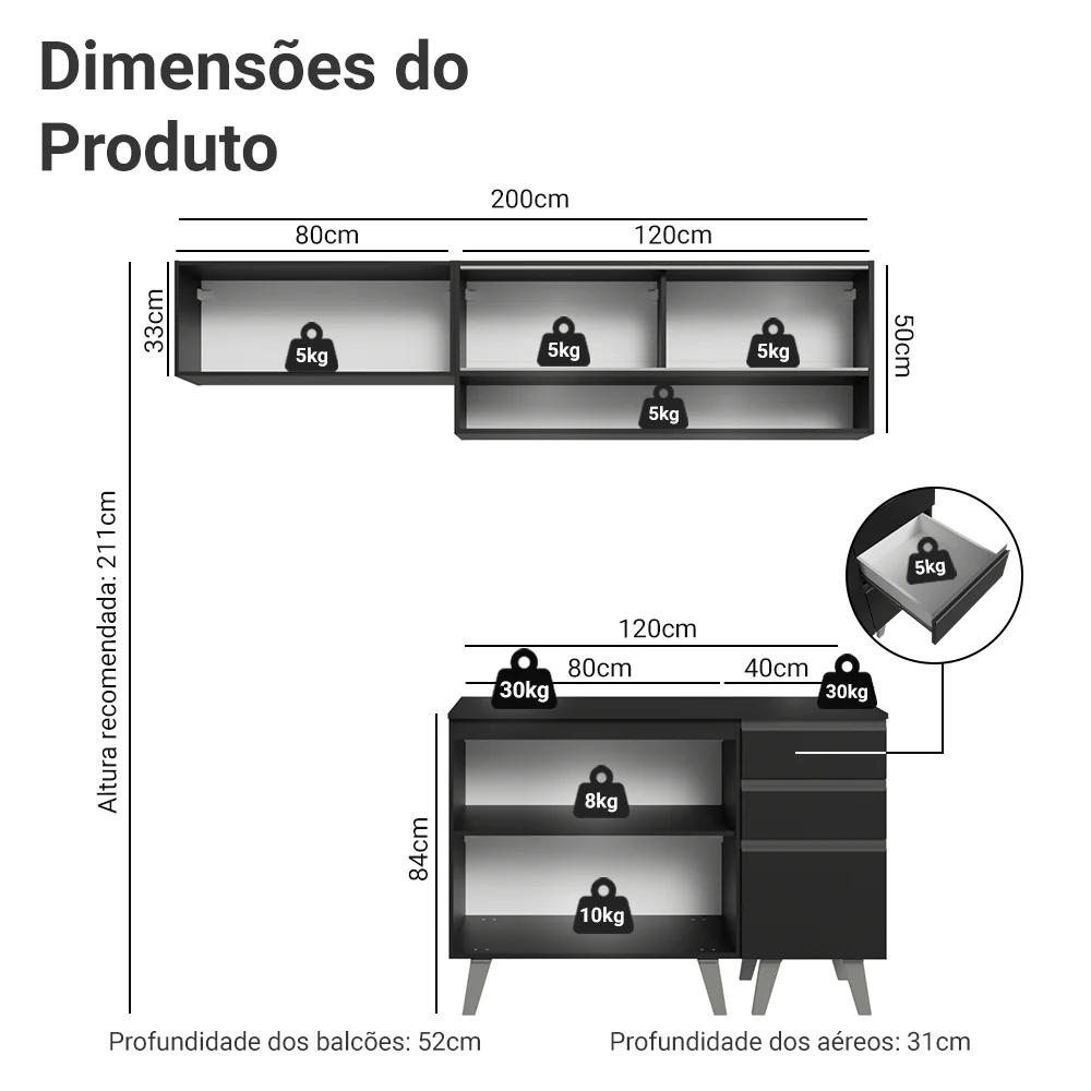 Armário de Cozinha Compacta 200 cm Preto Nice Madesa 14 - Image 3