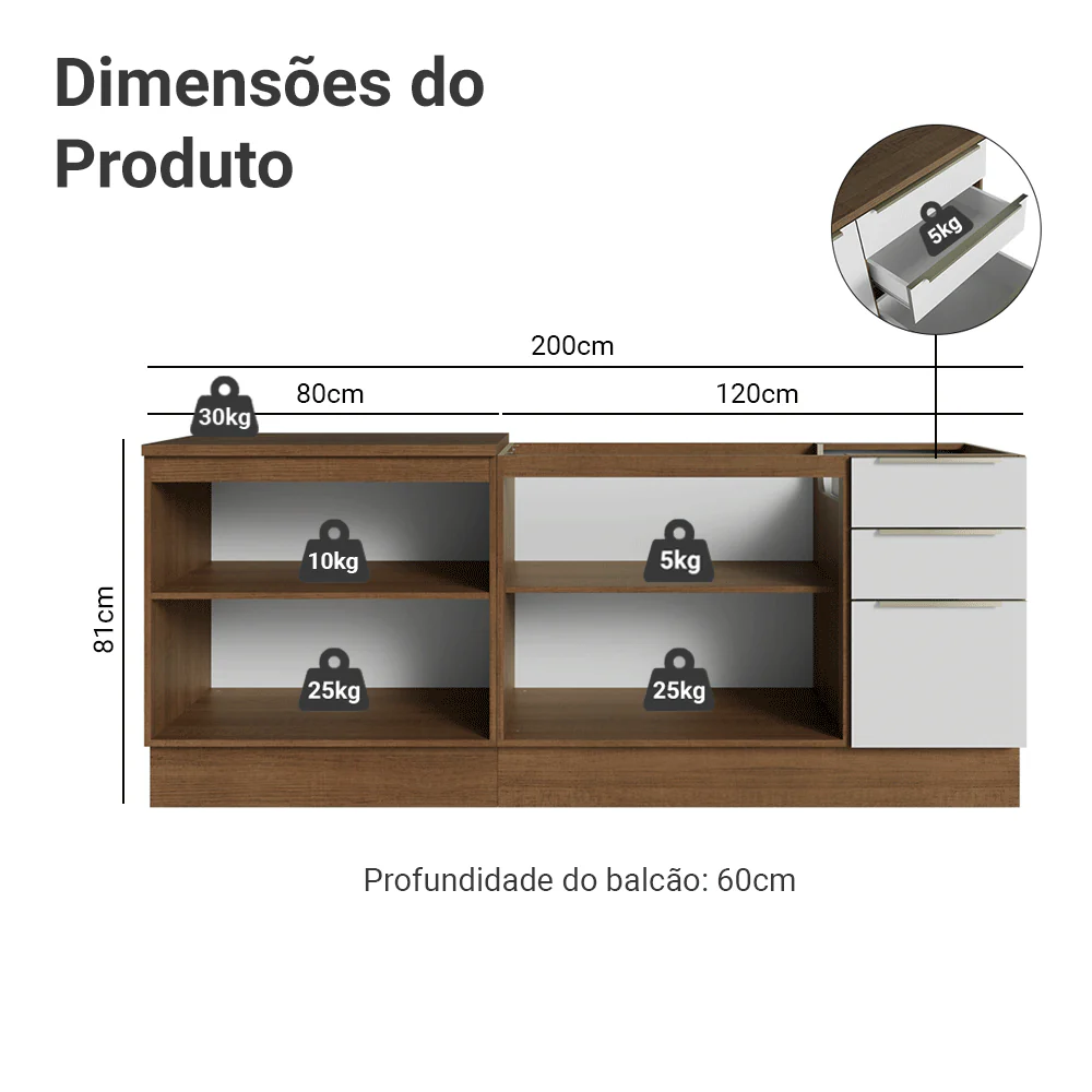 Armário de Cozinha Compacta 200 x 60 cm Rustic/Branco Veludo Lux Madesa 06 - Image 3