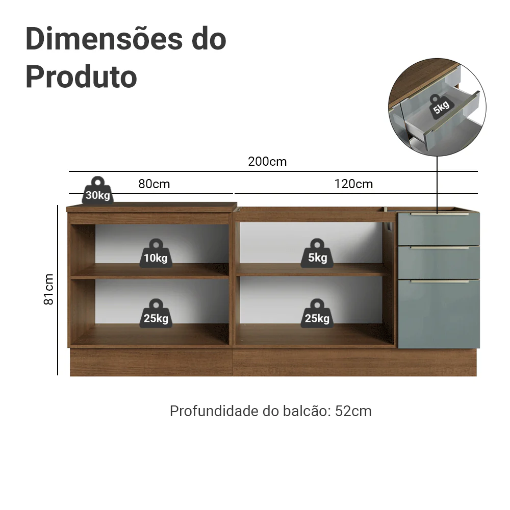 Armário de Cozinha Compacta 200 cm Rustic/Cinza Lux Madesa 05 - Image 3