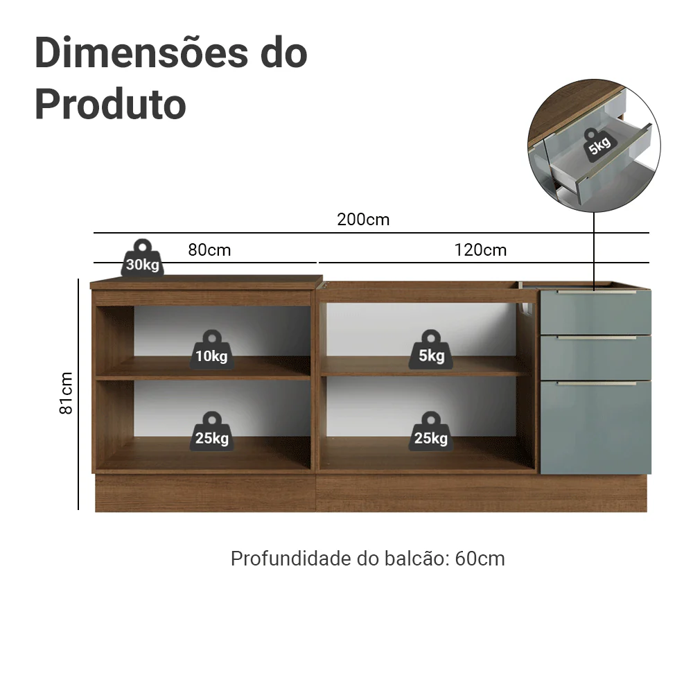 Armário de Cozinha Compacta 200 x 60 cm Rustic/Cinza Lux Madesa 06 - Image 3