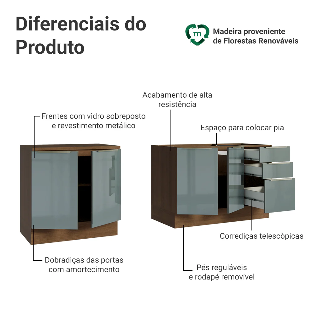 Armário de Cozinha Compacta 200 x 60 cm Rustic/Cinza Lux Madesa 06 - Image 4