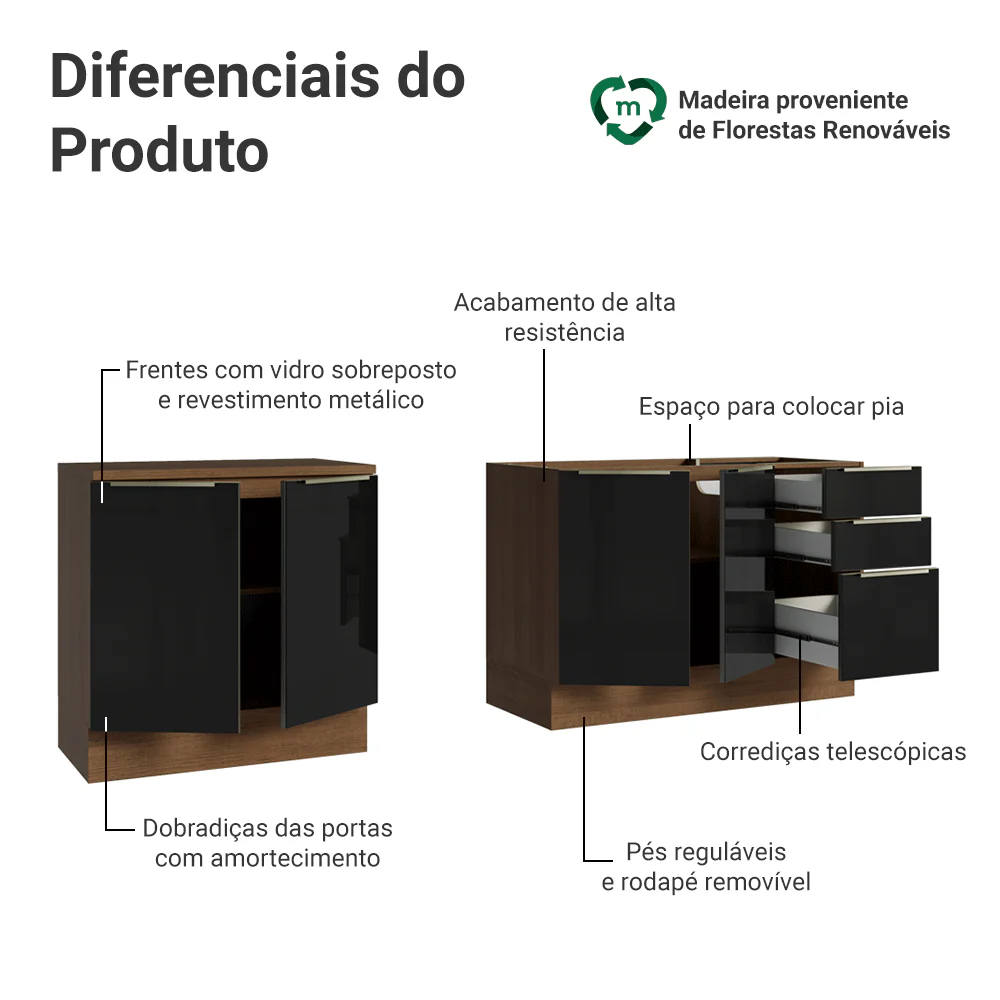 Armário de Cozinha Compacta 200 cm Rustic/Preto Lux Madesa 05 - Image 4