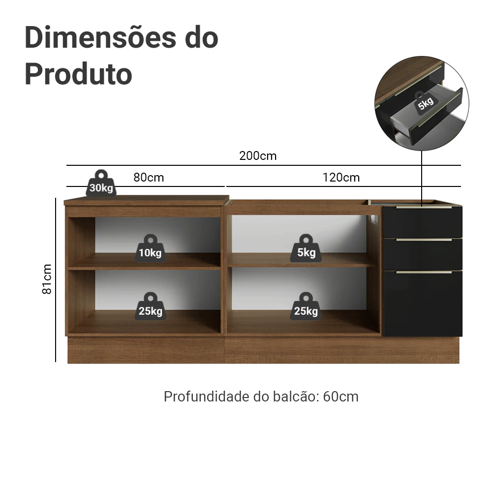 Armário de Cozinha Compacta 200 x 60 cm Rustic/Preto Lux Madesa 06 - Image 3