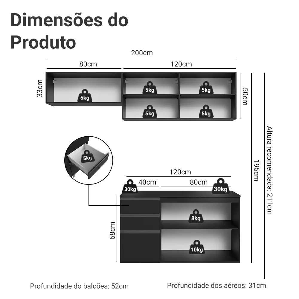 Armário de Cozinha Compacta 200 cm Suspenso Preto Nice Madesa 05 - Image 3