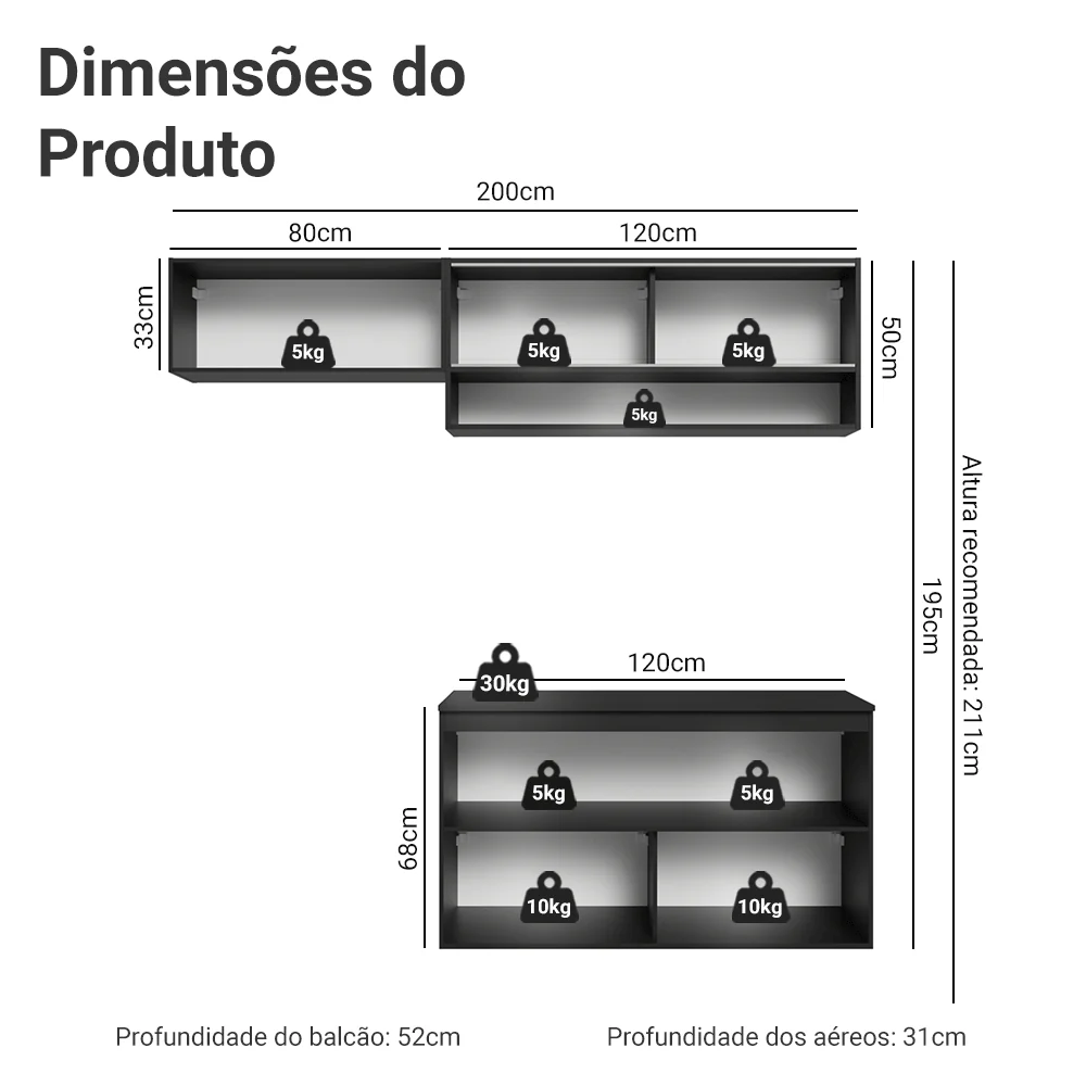 Armário de Cozinha Compacta 200 cm Suspenso Preto Nice Madesa 08 - Image 3