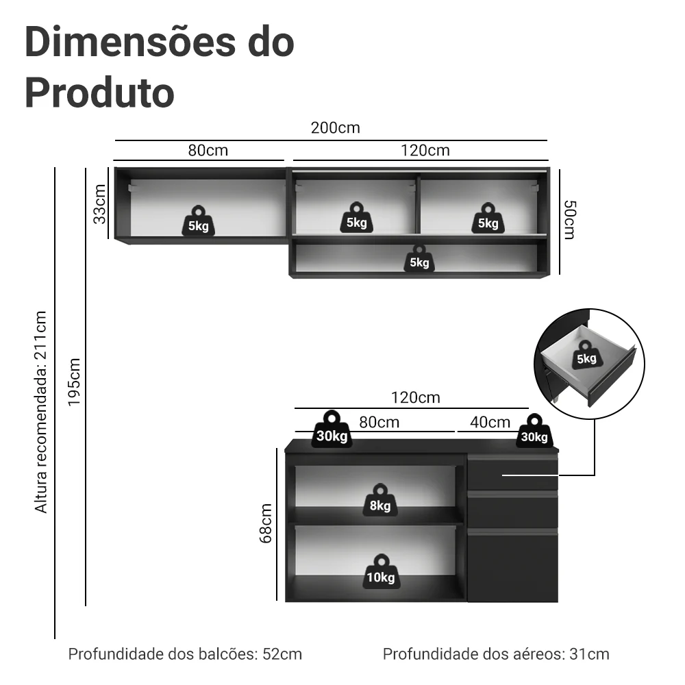 Armário de Cozinha Compacta 200 cm Suspenso Preto Nice Madesa 12 - Image 3