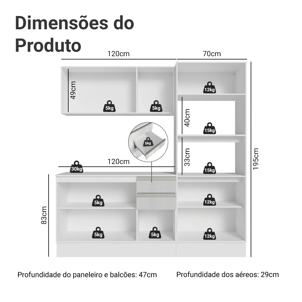 Armário de Cozinha Completa 100% MDF 190cm Smart Branco Brilhante Madesa 01 - Image 3