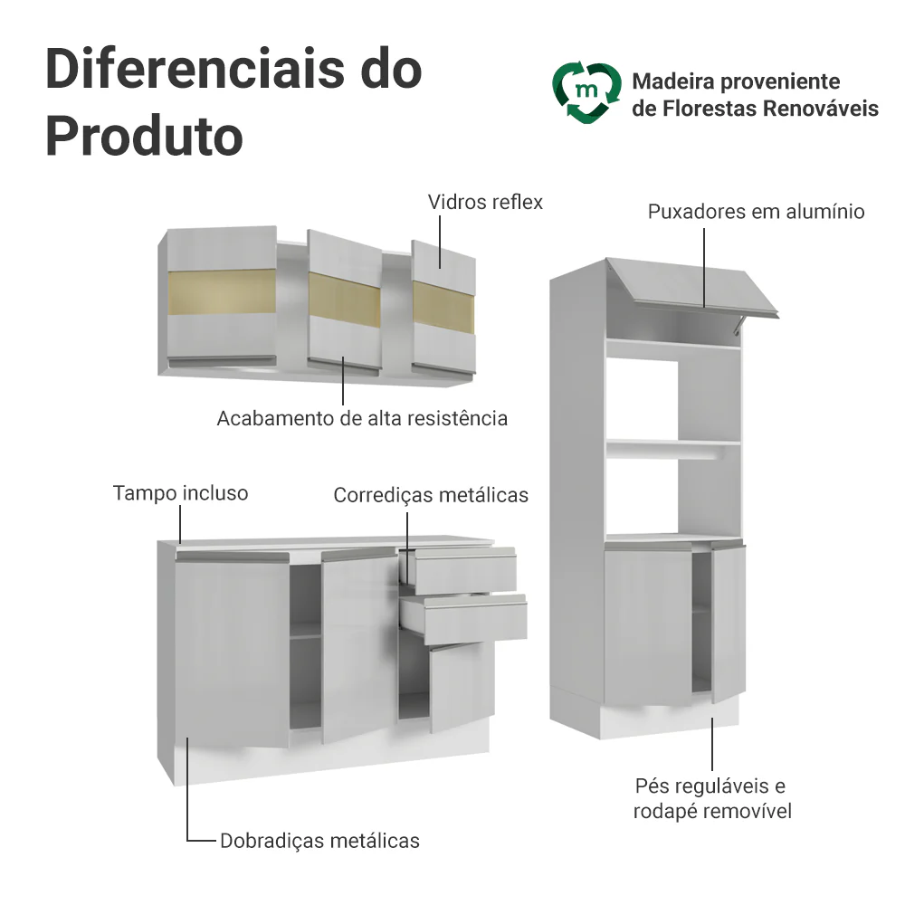 Armário de Cozinha Completa 100% MDF 190cm Smart Branco Brilhante Madesa 01 - Image 4