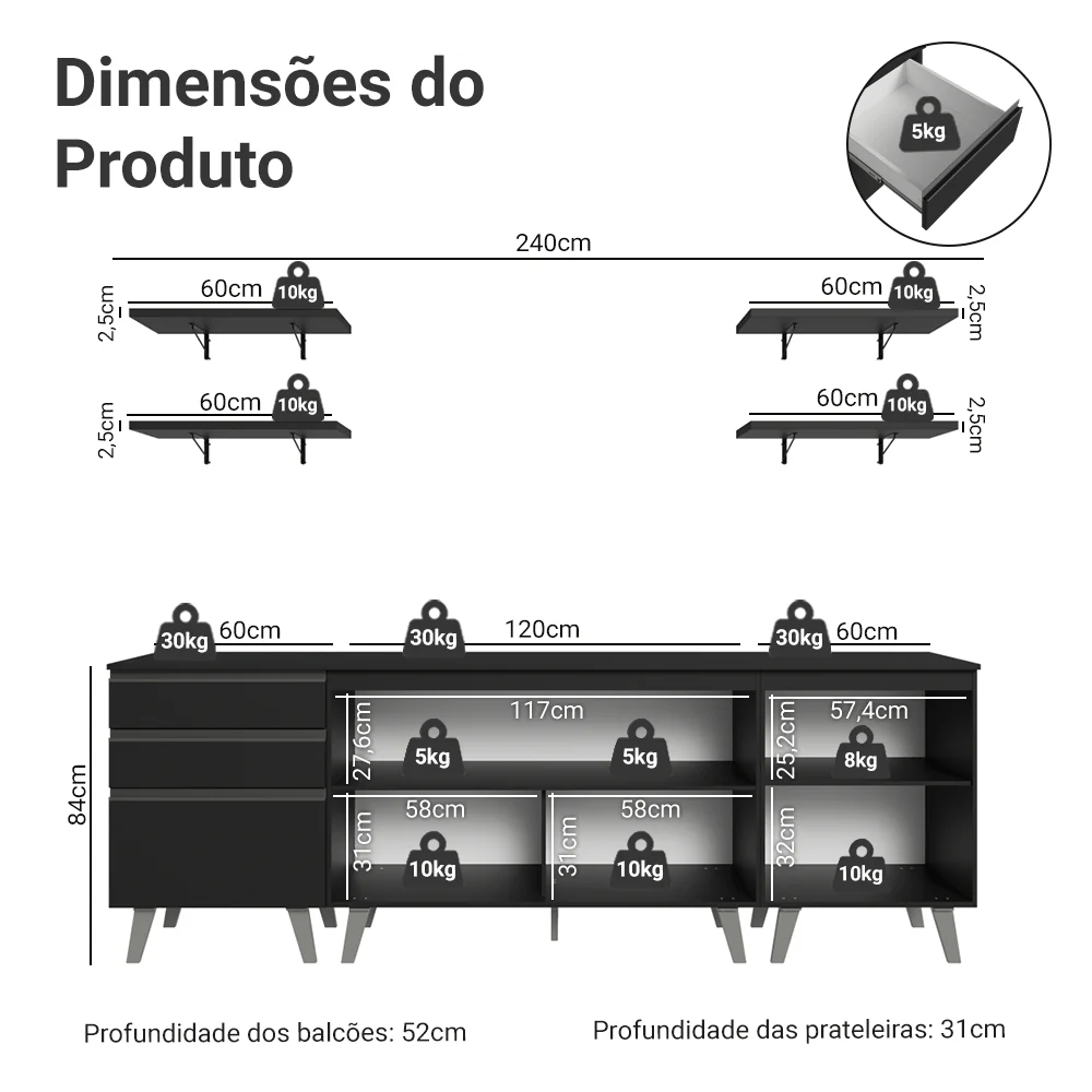 Armário de Cozinha Completa 240 cm Preto Nice Madesa 01 - Image 3