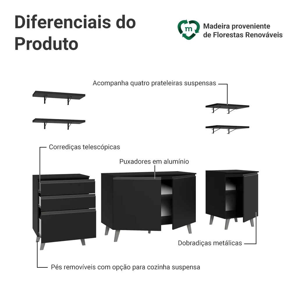 Armário de Cozinha Completa 240 cm Preto Nice Madesa 01 - Image 4