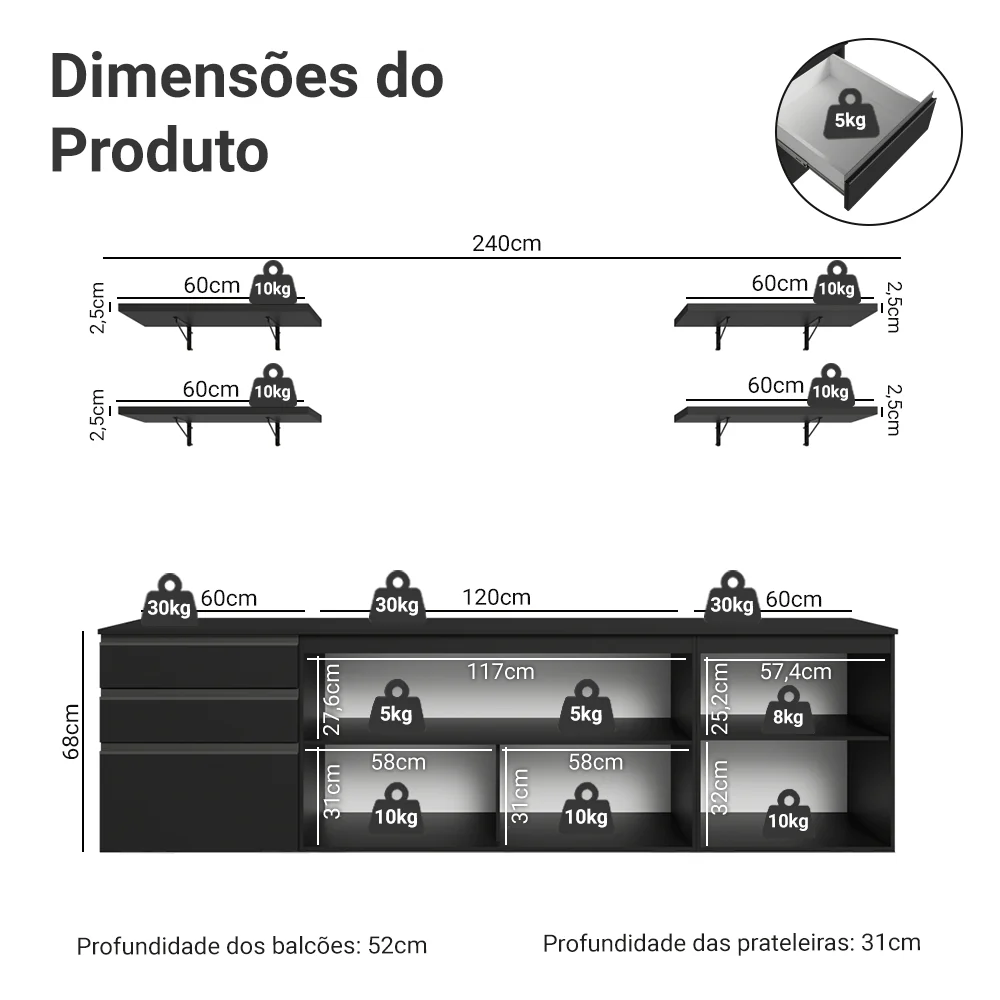 Armário de Cozinha Completa 240 cm Suspenso Preto Nice Madesa 10 - Image 3