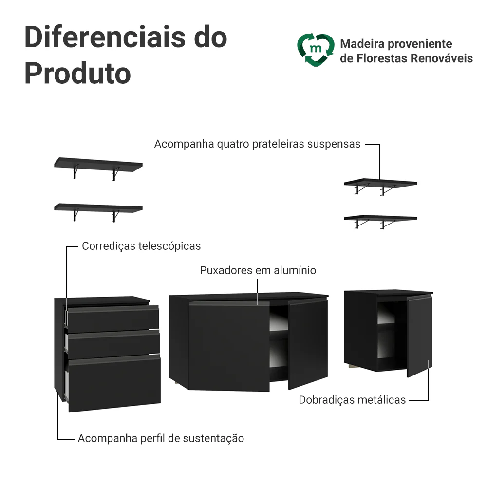 Armário de Cozinha Completa 240 cm Suspenso Preto Nice Madesa 10 - Image 4