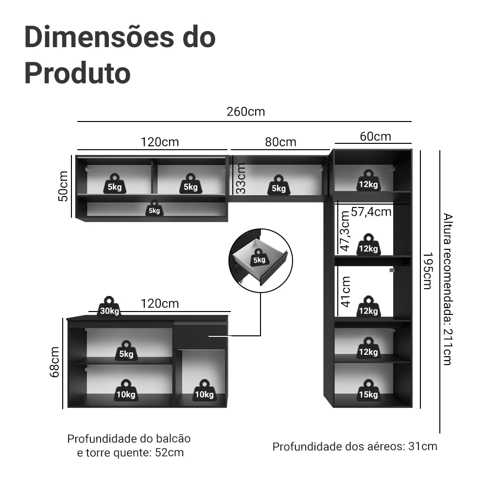Armário de Cozinha Completa 260 cm Suspenso Preto Nice Madesa 10 - Image 3