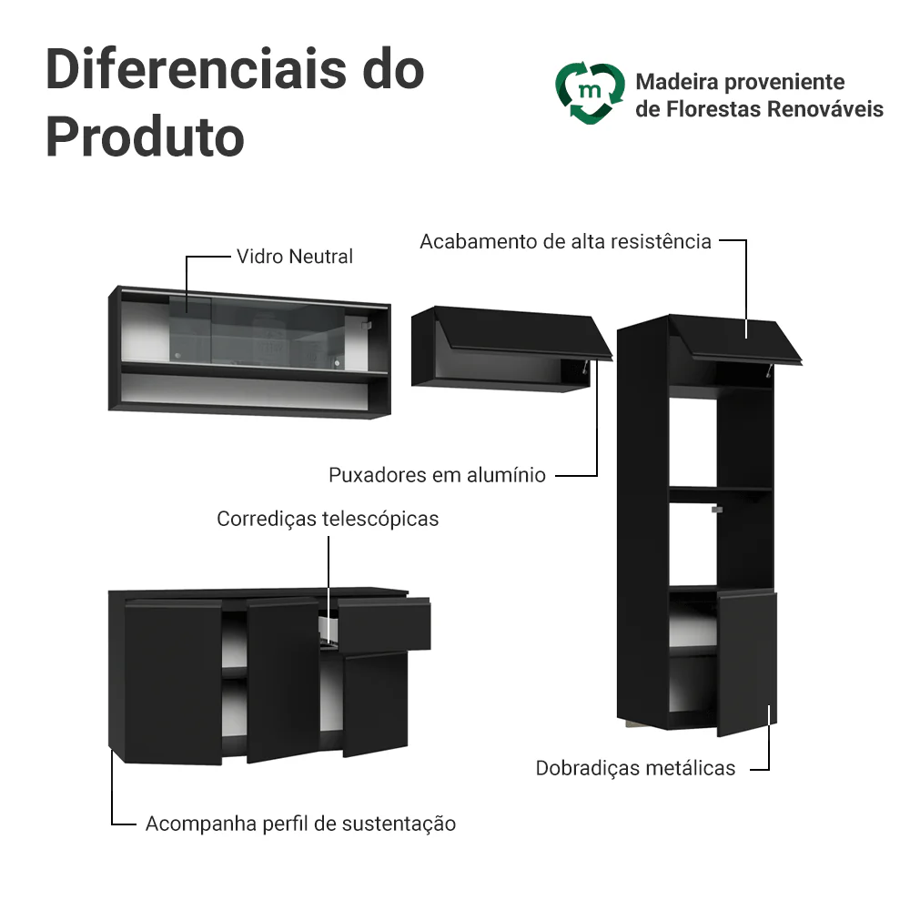 Armário de Cozinha Completa 260 cm Suspenso Preto Nice Madesa 10 - Image 4
