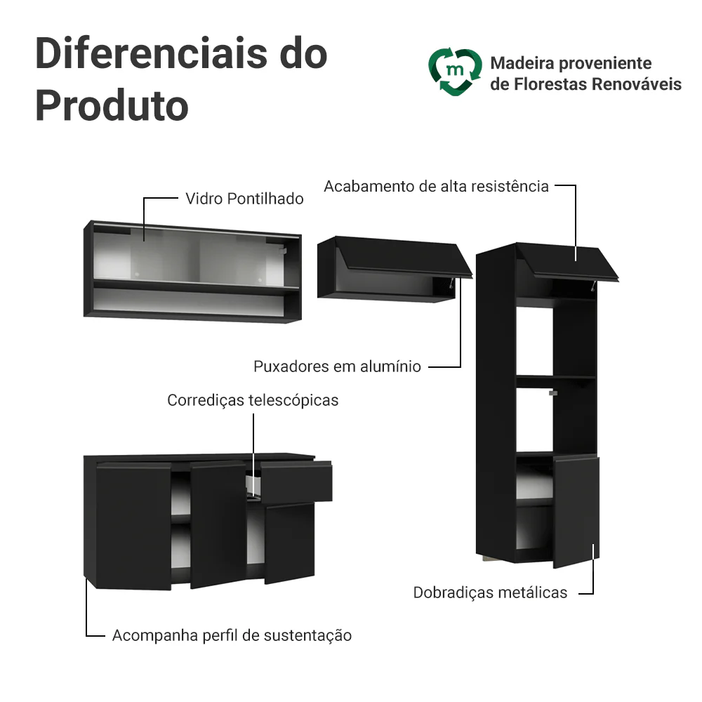 Armário de Cozinha Completa 260 cm Suspenso Preto Nice Madesa 11 - Image 4