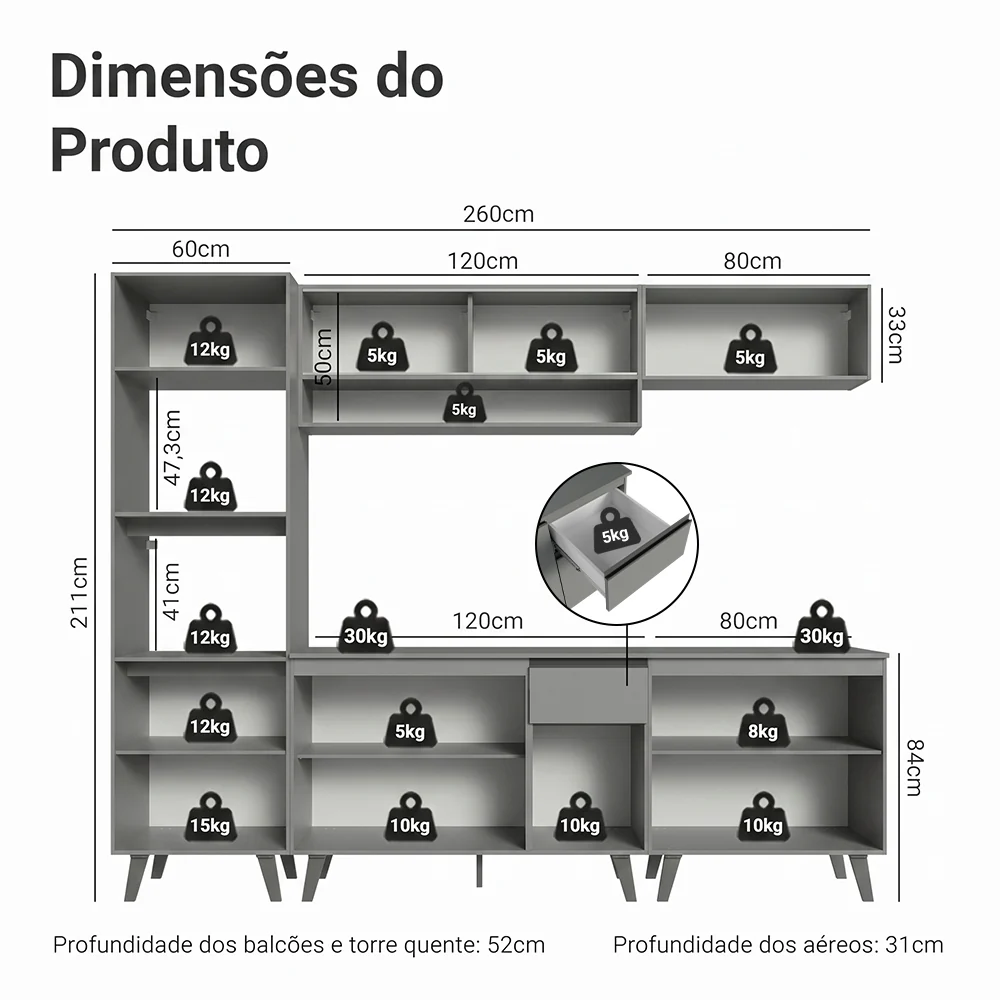 Armário de Cozinha Completa 260cm Cinza Nice Madesa 01 - Image 3