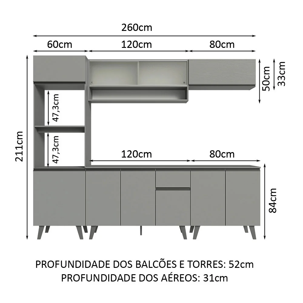 Armário de Cozinha Completa 260cm Cinza Nice Madesa 02 - Image 3