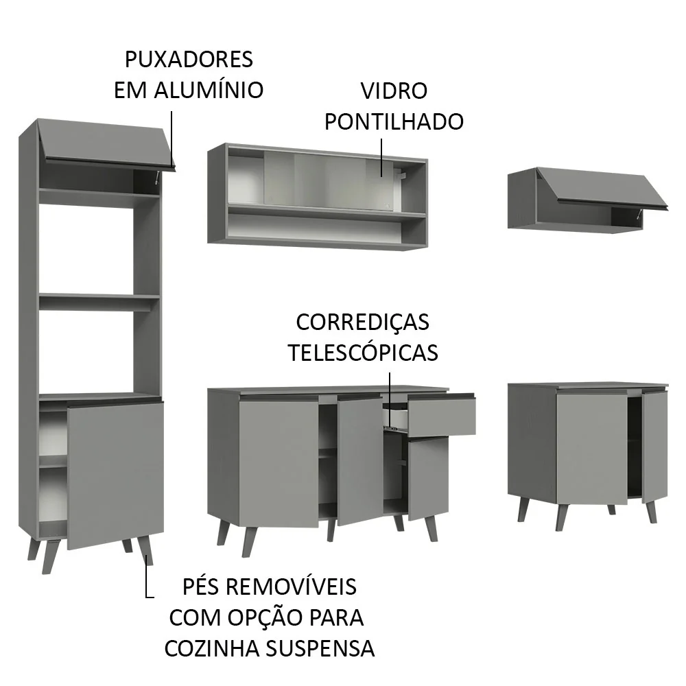 Armário de Cozinha Completa 260cm Cinza Nice Madesa 02 - Image 4