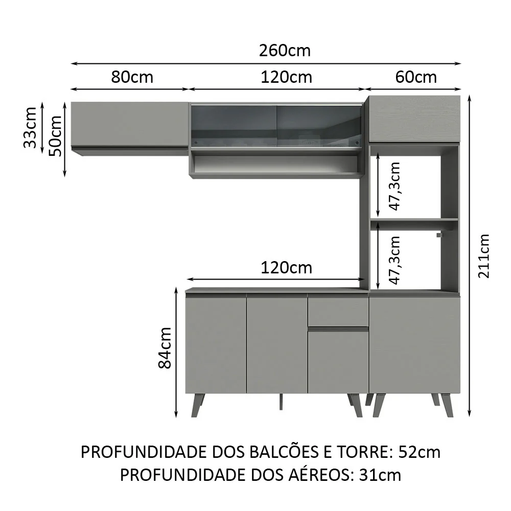 Armário de Cozinha Completa 260cm Cinza Nice Madesa 03 - Image 3