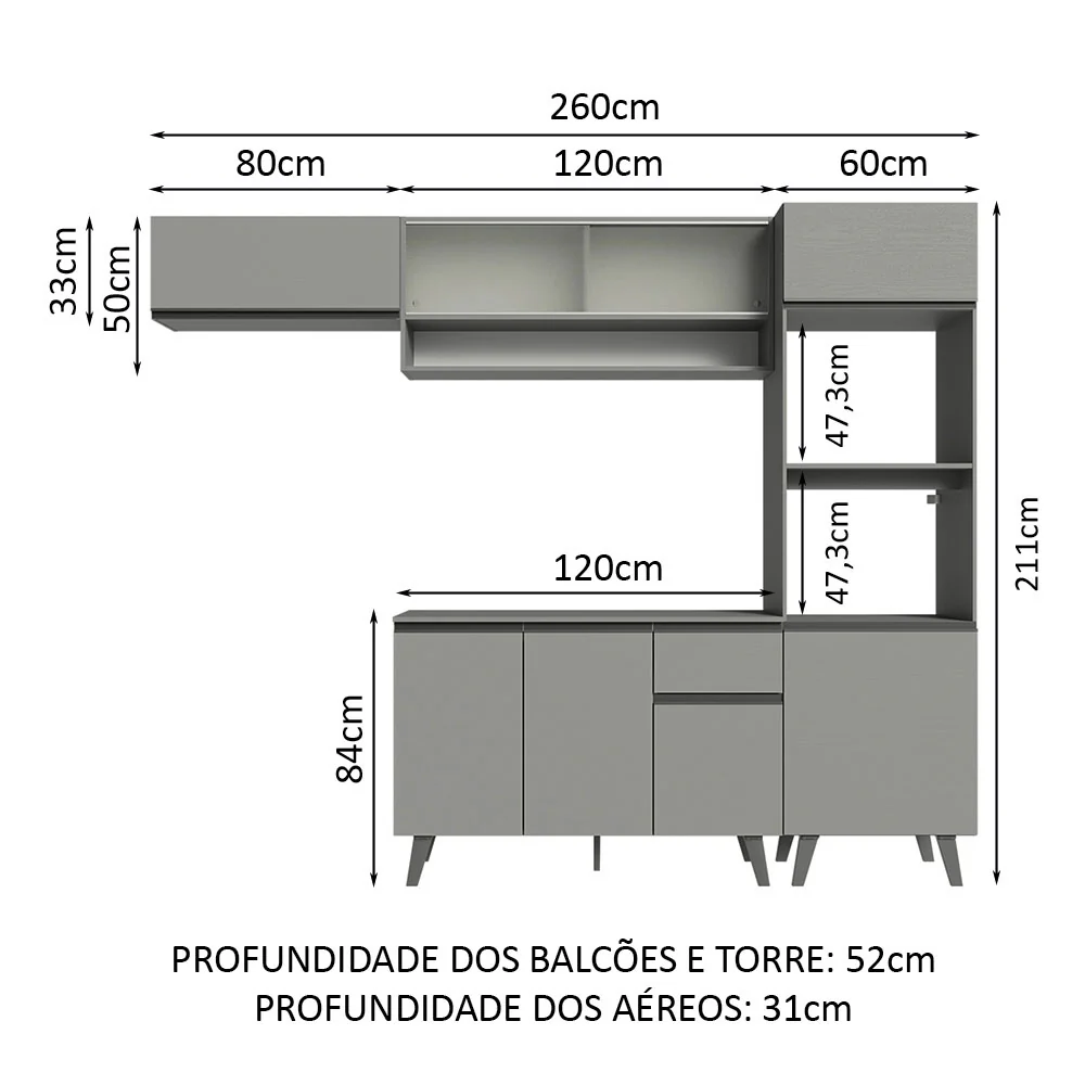 Armário de Cozinha Completa 260cm Cinza Nice Madesa 04 - Image 3