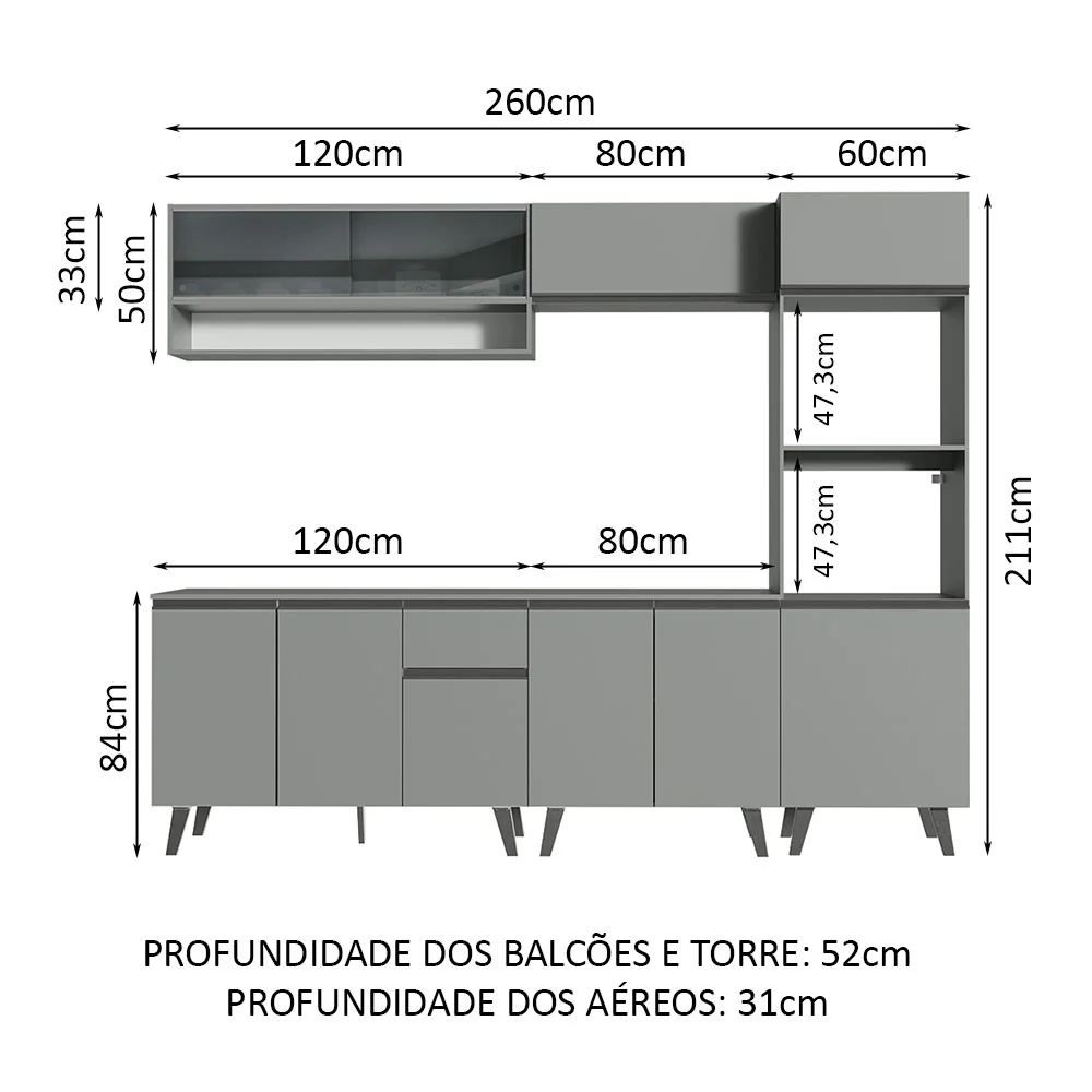 Armário de Cozinha Completa 260cm Cinza Nice Madesa 06 - Image 3