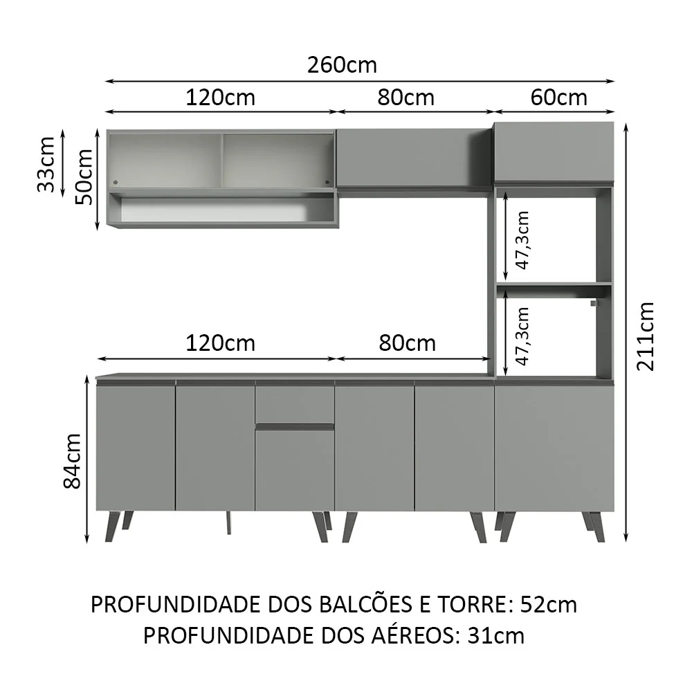 Armário de Cozinha Completa 260cm Cinza Nice Madesa 07 - Image 3