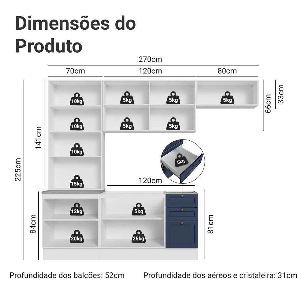 Armário de Cozinha Completa 270 cm Branco/Azul Vik Madesa 05 - Image 3