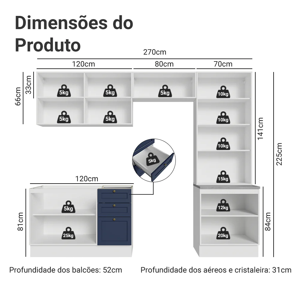 Armário de Cozinha Completa 270 cm Branco/Azul Vik Madesa 06 - Image 3