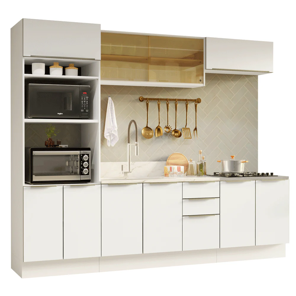 Armário de Cozinha Completa 270 x 60 cm Branco/Branco Veludo Lux Madesa 06 - Image 2