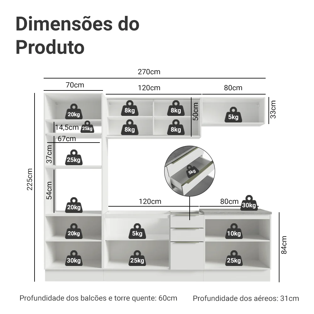 Armário de Cozinha Completa 270 x 60 cm Branco/Branco Veludo Lux Madesa 06 - Image 3