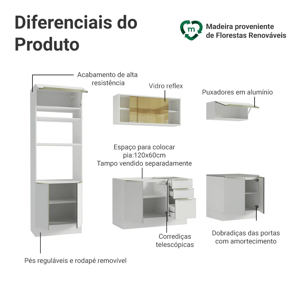 Armário de Cozinha Completa 270 x 60 cm Branco/Branco Veludo Lux Madesa 06 - Image 4