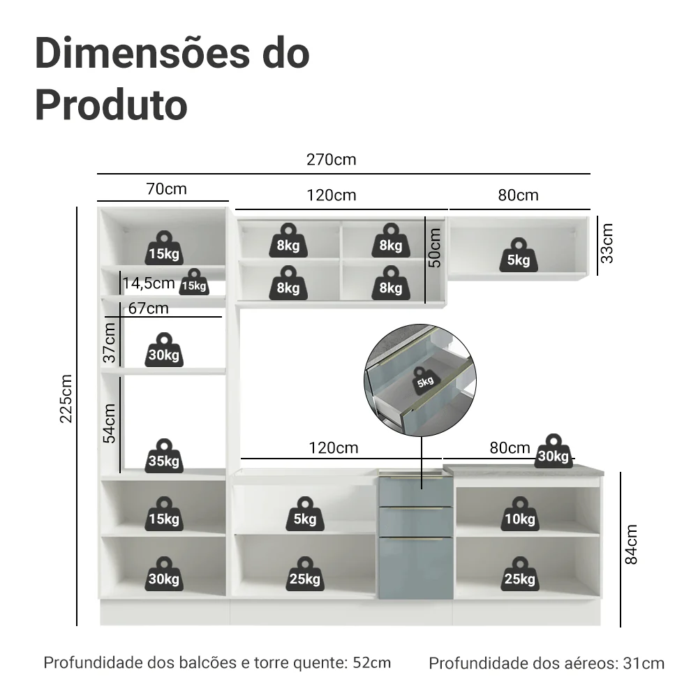 Armário de Cozinha Completa 270 cm Branco/Cinza Lux Madesa 05 - Image 3