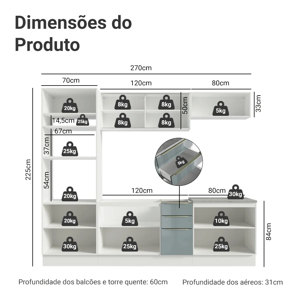 Armário de Cozinha Completa 270 x 60 cm Branco/Cinza Lux Madesa 06 - Image 3