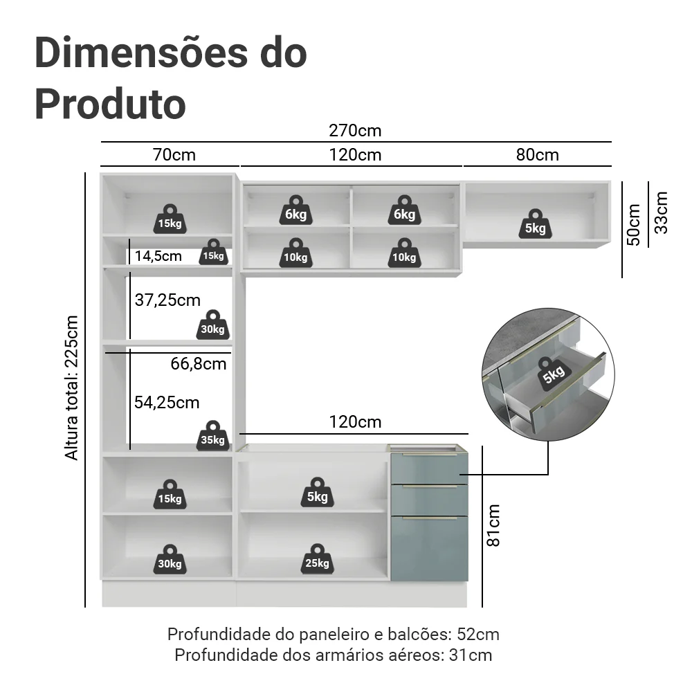 Armário de Cozinha Completa 270 cm Branco/Cinza Lux Madesa 07 - Image 3