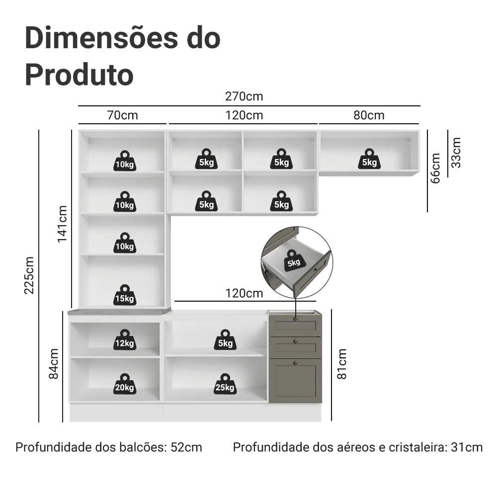 Armário de Cozinha Completa 270 cm Branco/Cinza Vik Madesa 05 - Image 3
