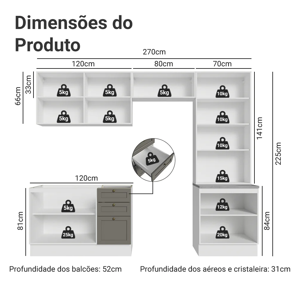 Armário de Cozinha Completa 270 cm Branco/Cinza Vik Madesa 06 - Image 3