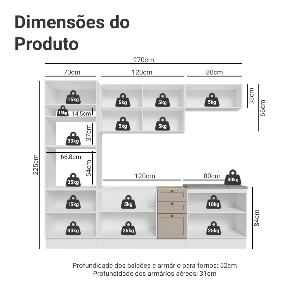 Armário de Cozinha Completa 270 cm Branco/Crema Vik Madesa 01 - Image 3