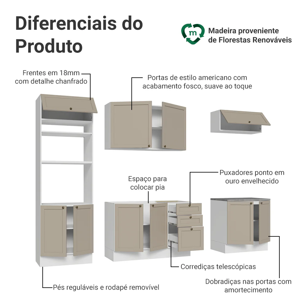 Armário de Cozinha Completa 270 cm Branco/Crema Vik Madesa 01 - Image 4