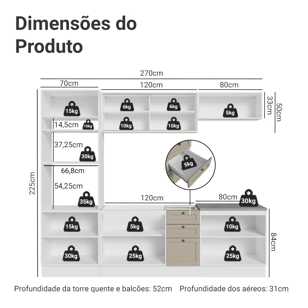 Armário de Cozinha Completa 270 cm Branco/Crema Vik Madesa 02 - Image 3