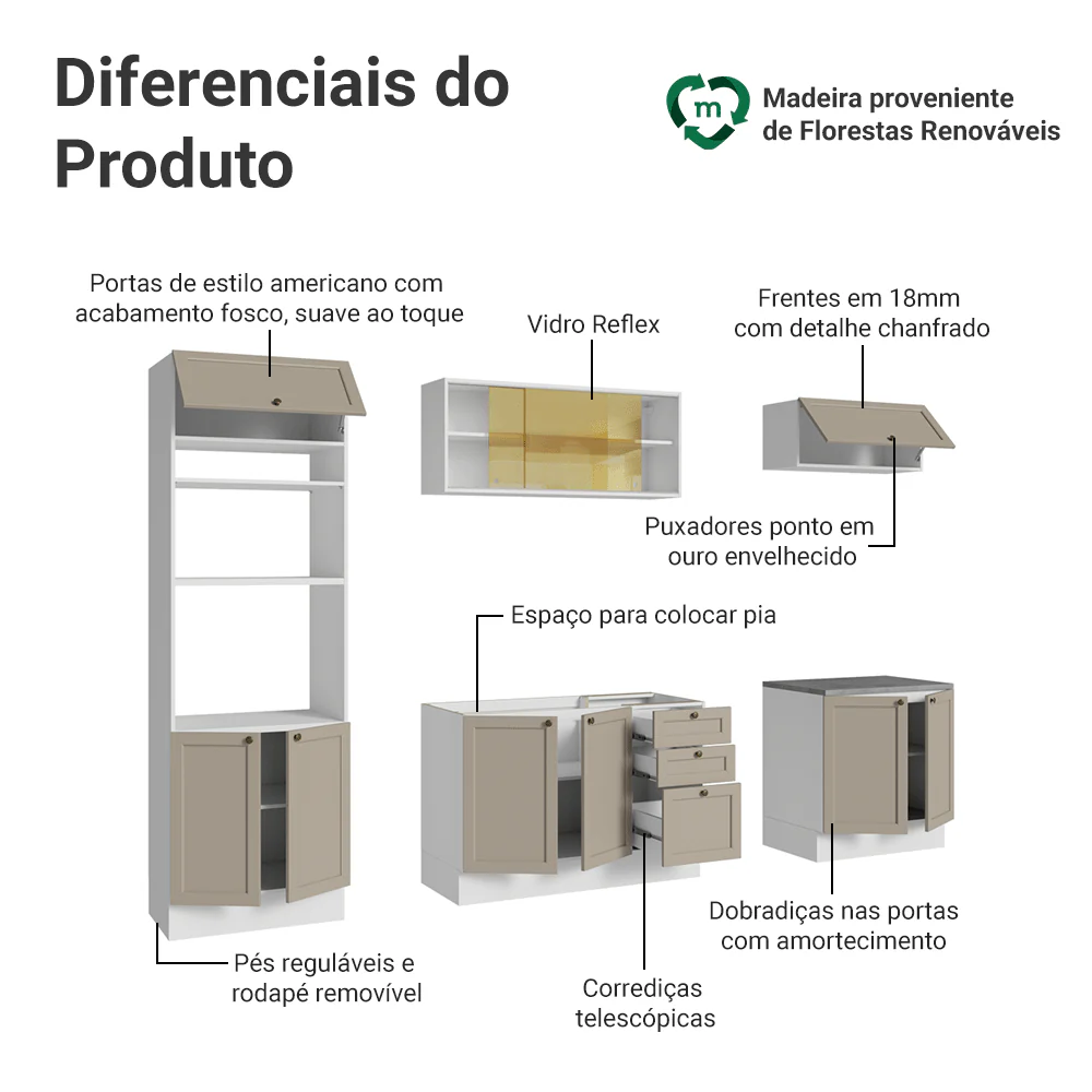 Armário de Cozinha Completa 270 cm Branco/Crema Vik Madesa 02 - Image 4