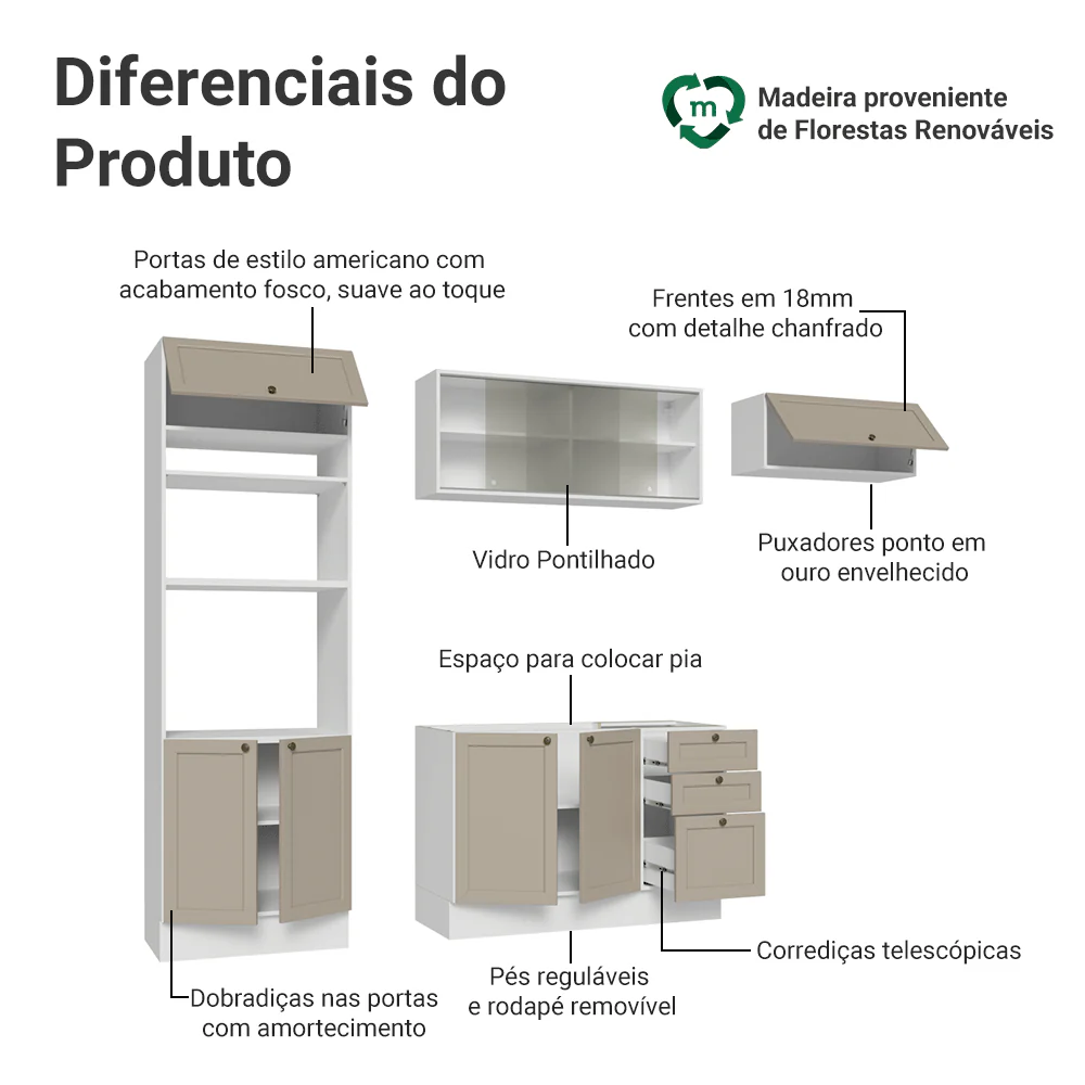 Armário de Cozinha Completa 270 cm Branco/Crema Vik Madesa 03 - Image 4
