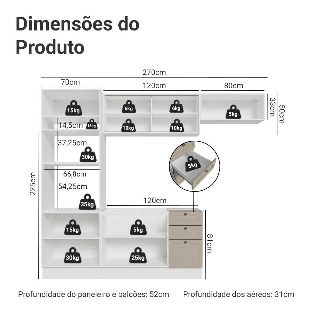 Armário de Cozinha Completa 270 cm Branco/Crema Vik Madesa 04 - Image 3