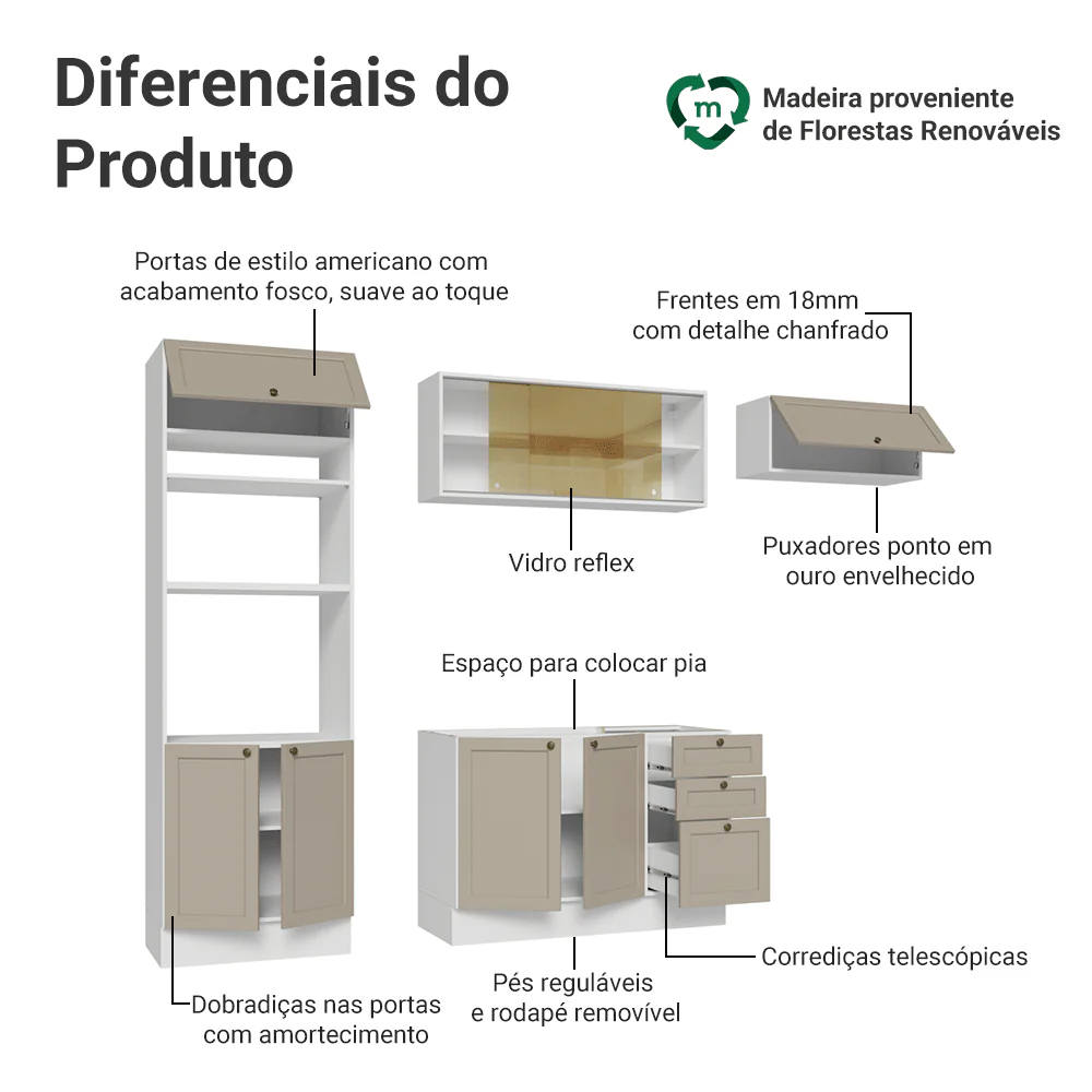 Armário de Cozinha Completa 270 cm Branco/Crema Vik Madesa 04 - Image 4