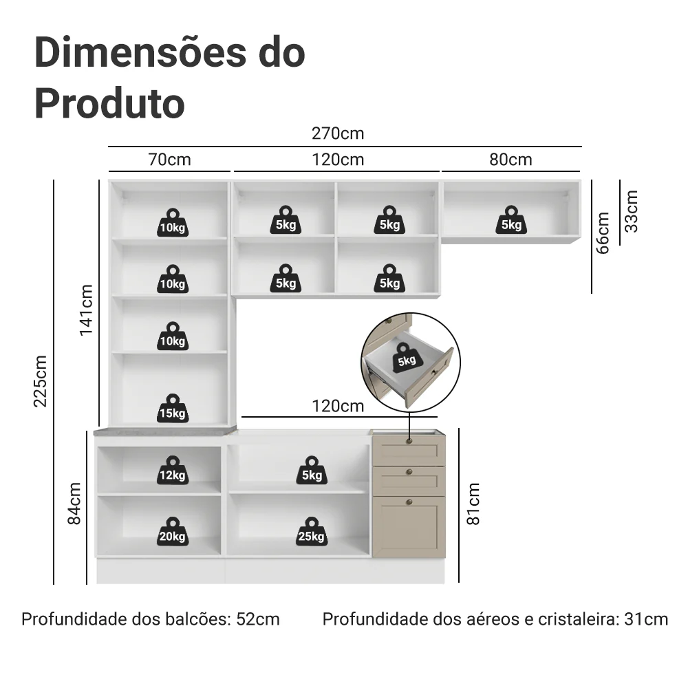 Armário de Cozinha Completa 270 cm Branco/Crema Vik Madesa 05 - Image 3