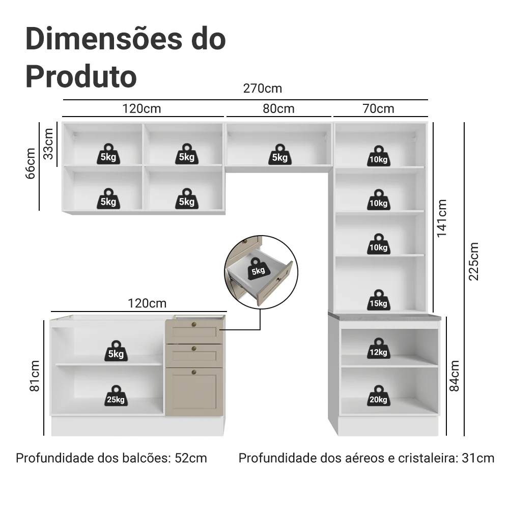 Armário de Cozinha Completa 270 cm Branco/Crema Vik Madesa 06 - Image 3